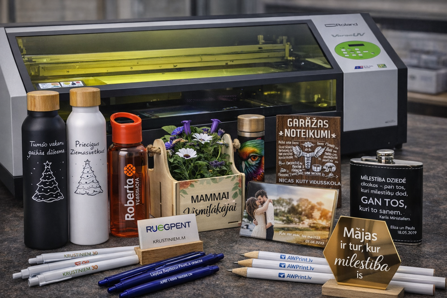 UV druka - uz dažāda veida priekšmetiem. Metāls, koks, stikls, spogulis, plastmasa