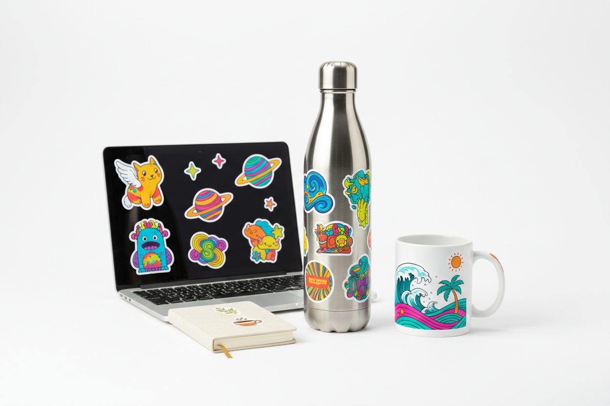 no phone case. On blocknot few stickers, not so many. 